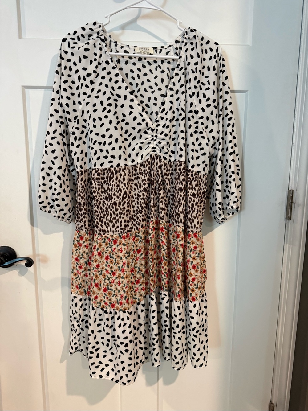 Umgee White Patchwork Dress with Black Spots, Brown Leopard & Floral Panel